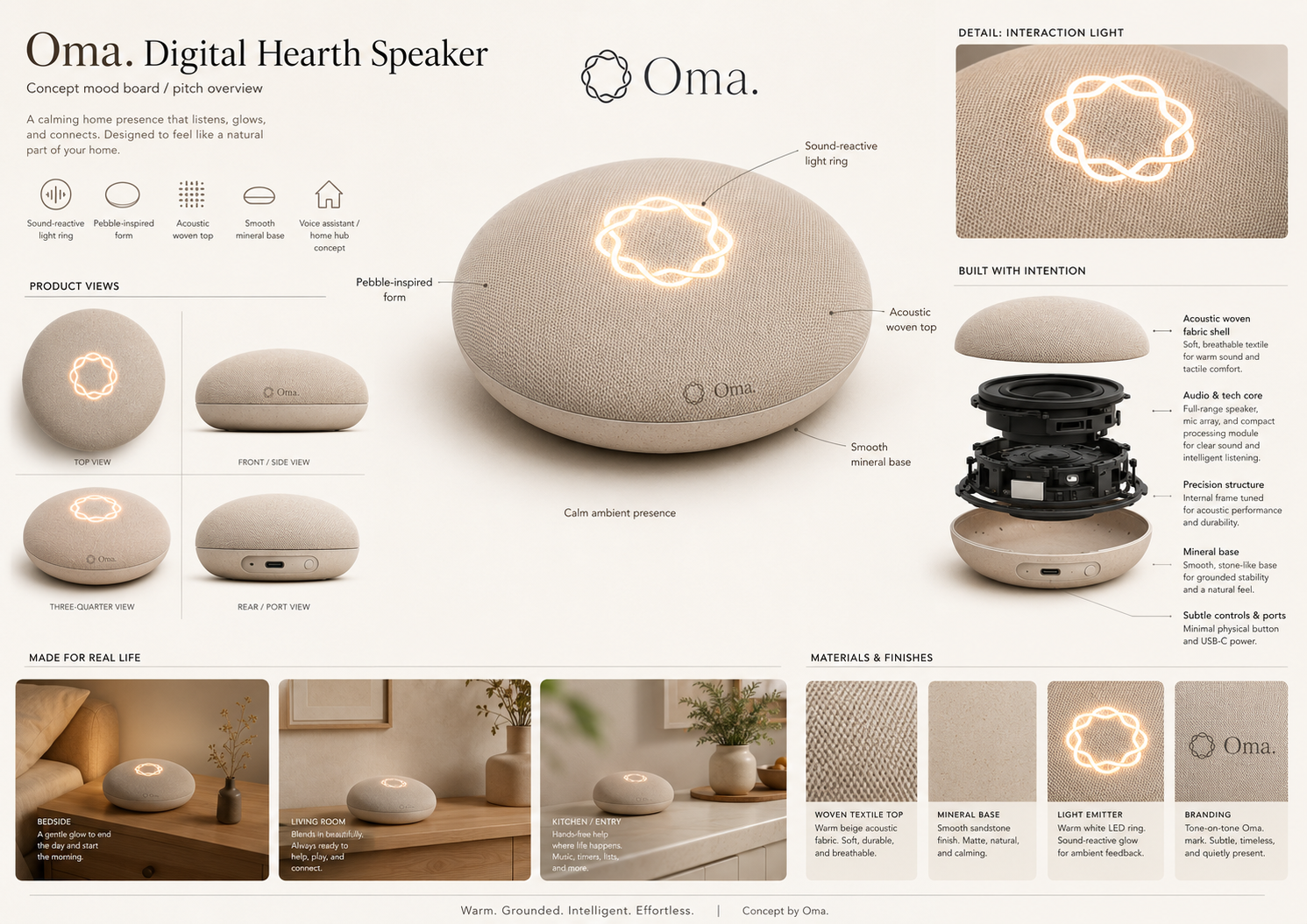 The Hearth concept mood board — a pebble-shaped speaker with a warm light ring, woven acoustic top, and mineral base.