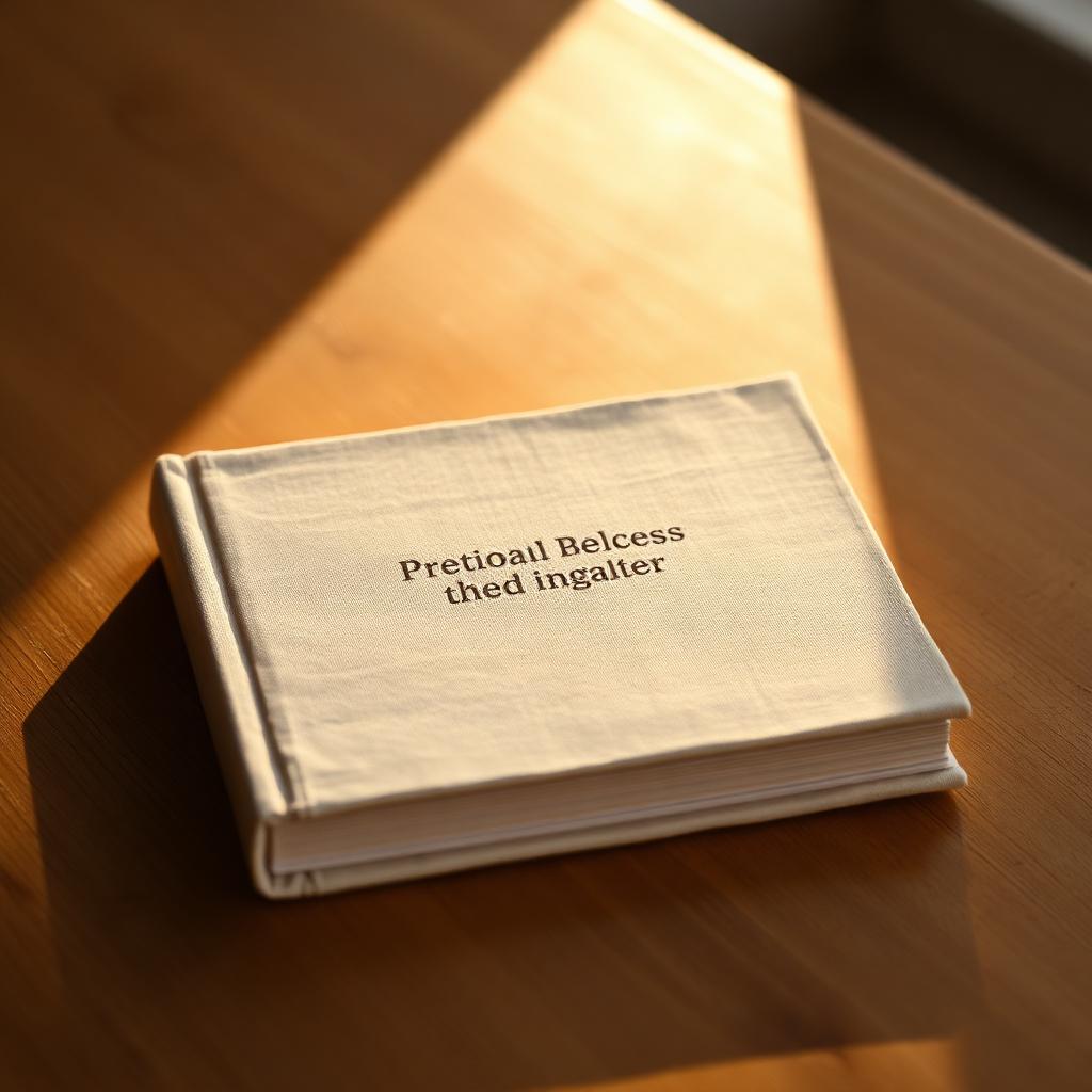 A linen-bound book sitting on a wooden table at golden hour